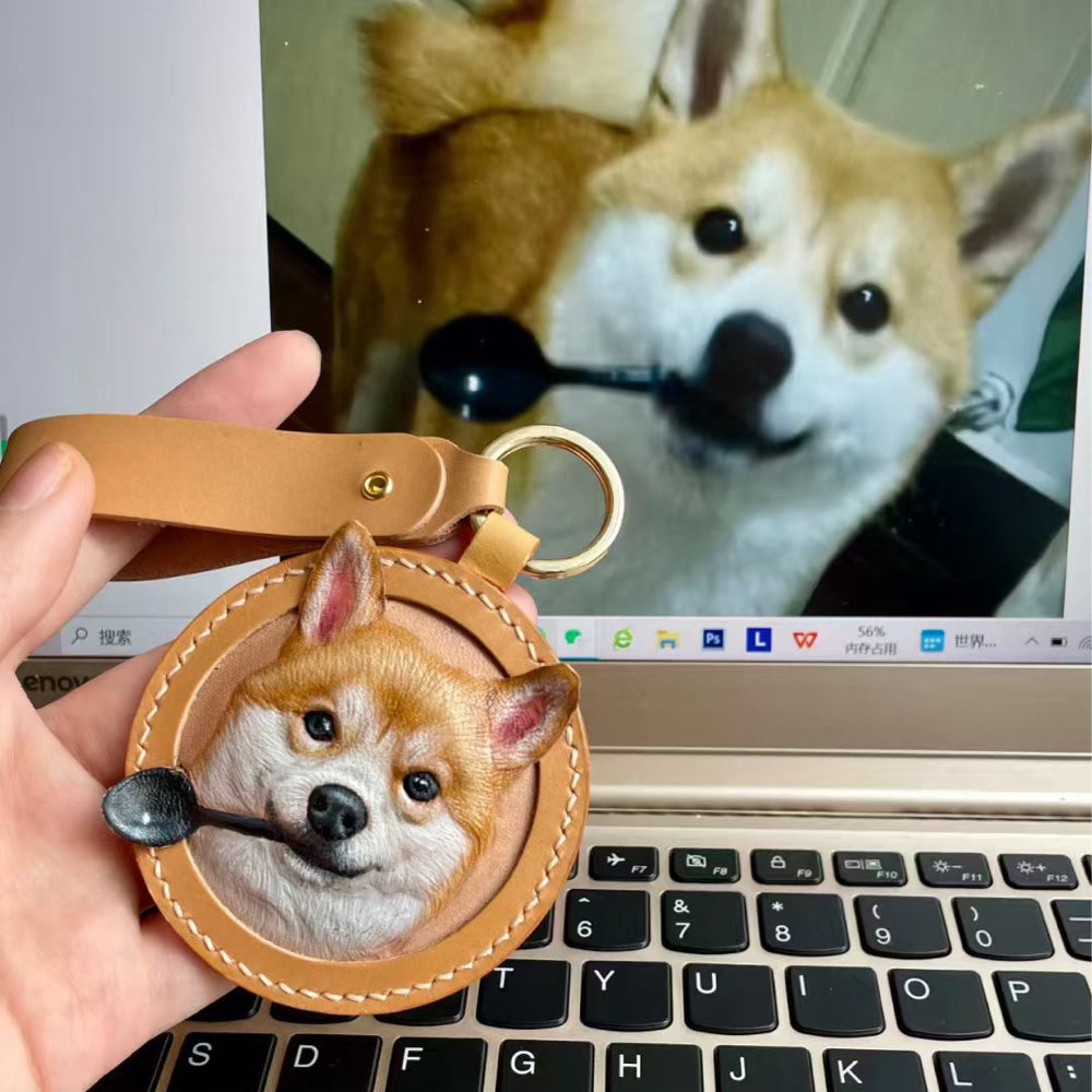 Handmade Leather Pet Portrait Keychain – Custom Dog or Cat Face Charm – A Meaningful Memorial Gift for Pet Lovers