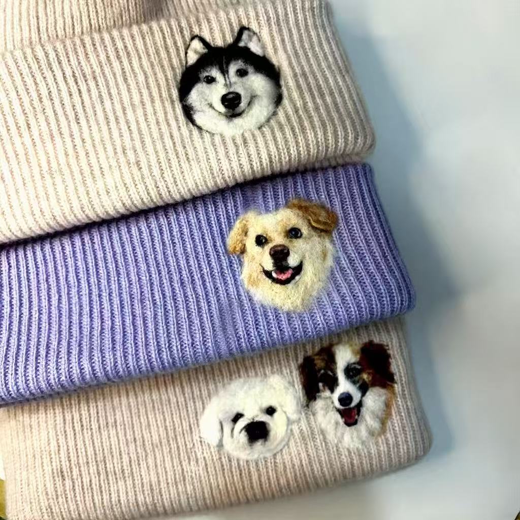 🧵 Custom Pet Portrait Wool Beanie – Hand-Felted Needle Art Hat