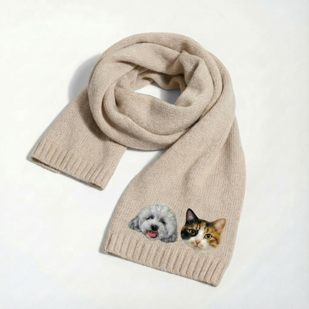 🧣 Custom Pet Portrait Knit Scarf – Cozy Personalized Scarf for Pet Lovers