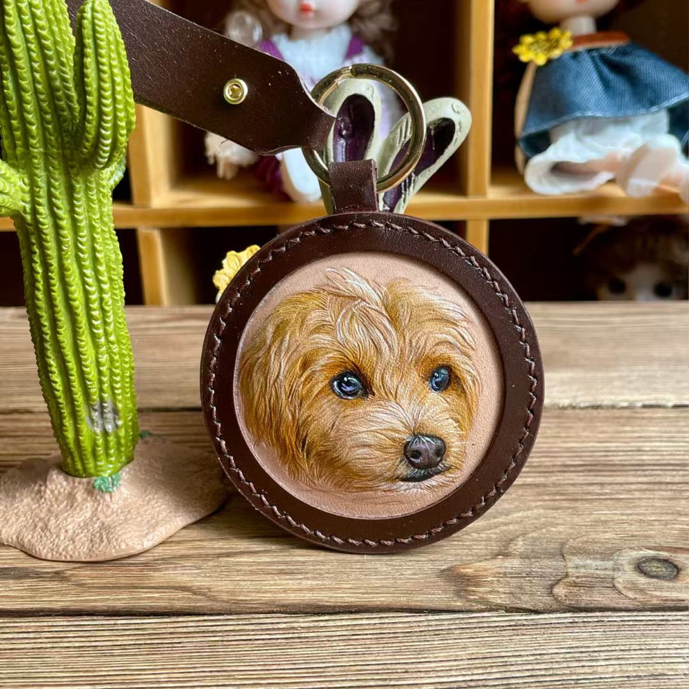 Handmade Leather Pet Portrait Keychain – Custom Dog or Cat Face Charm – A Meaningful Memorial Gift for Pet Lovers